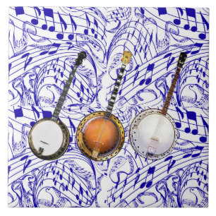 3 BANJOS ON BLUE MUSIC NOTES TILE