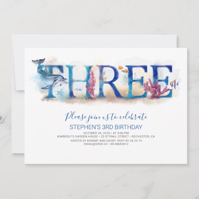 3 Birthday Invitation Under the Sea Dolphin (Front)
