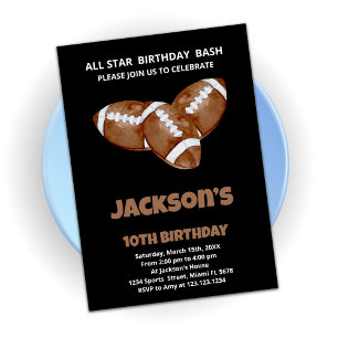3 Black Brown Football Birthday Invitations