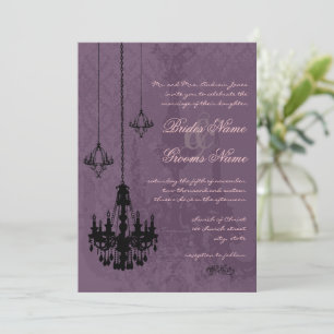 3 Black Chandeliers Eggplant Damask Wedding Invitation