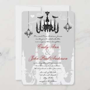 3 Black Chandeliers Love Birds Wedding Invitation