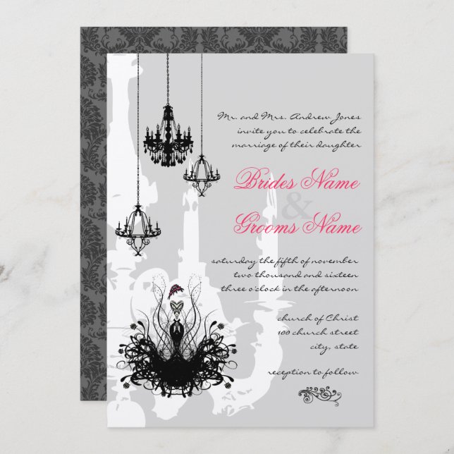 3 Black Chandeliers Pink Accent Wedding Invitation (Front/Back)