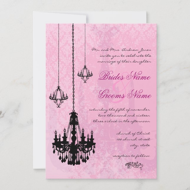 3 Black Chandeliers Pink Damask Wedding Invitation (Front)