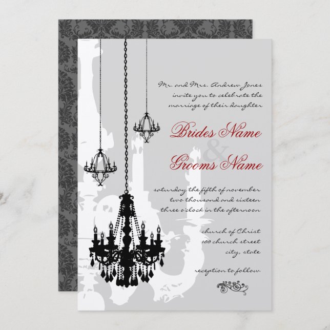 3 Black Chandeliers Red Accents Wedding Invitation (Front/Back)