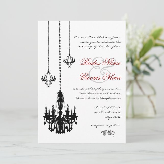 3 Black Chandeliers Red Accents Wedding Invitation (Standing Front)
