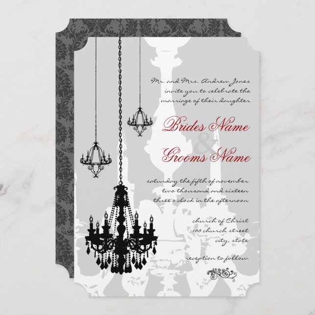 3 Black Chandeliers Red Accents Wedding Invitation (Front/Back)