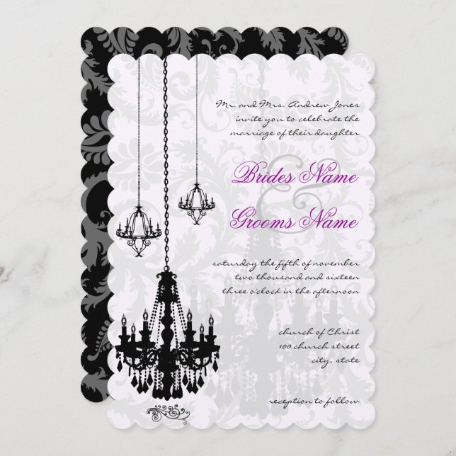 3 Black Chandeliers Shadow Damask Wedding  Invitation (Front/Back)