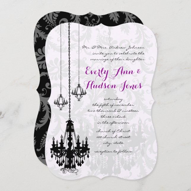 3 Black Chandeliers Shadow Damask Wedding Invites (Front/Back)