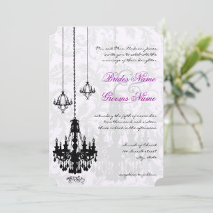 3 Black Chandeliers Victorian Damask Wedding Invitation