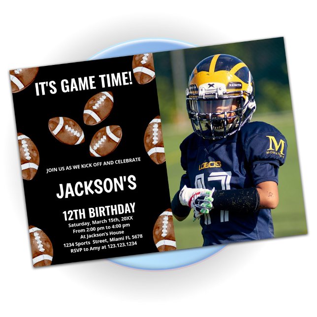3 Black Football Birthday Invitations with photo (Creator Uploaded)