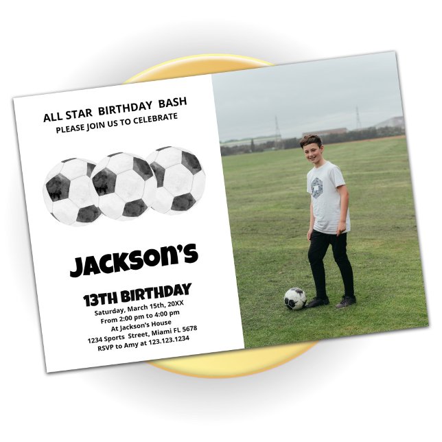 3 Black White Soccer Birthday Invitations w photo (Creator Uploaded)