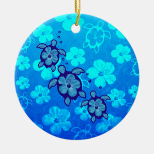 3 Blue Honu Turtles Ceramic Tree Decoration