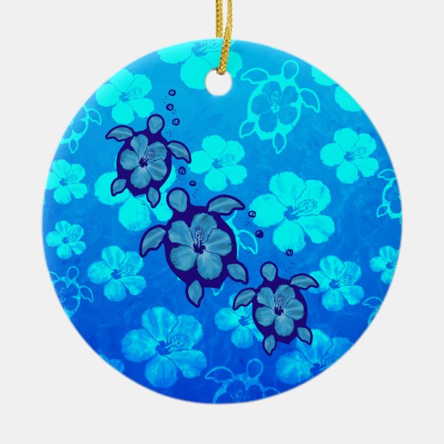 3 Blue Honu Turtles Ceramic Tree Decoration (Front)
