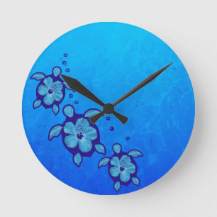 3 Blue Honu Turtles Round Clock