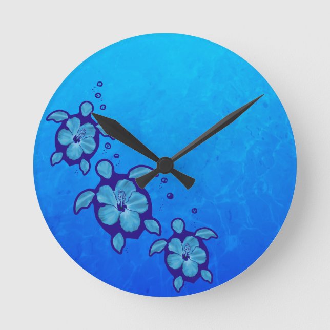 3 Blue Honu Turtles Round Clock (Front)