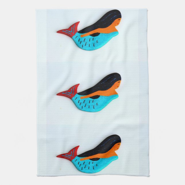 3 blue mermaids kitchen towel (Vertical)