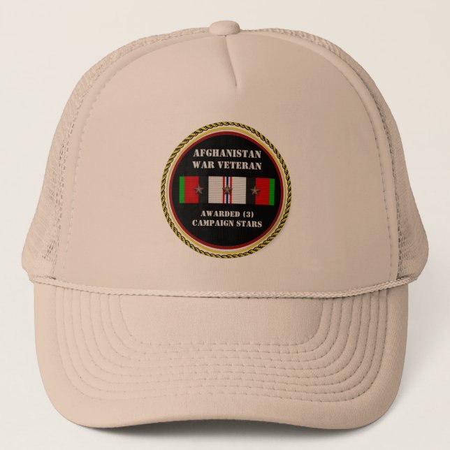 3 CAMPAIGN STARS AFGHANISTAN WAR VETERAN TRUCKER HAT (Front)