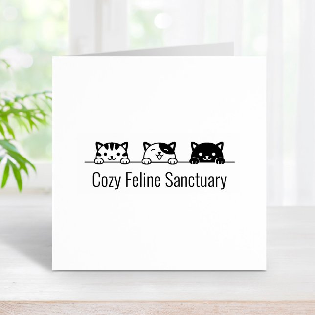 3 Cartoon Cats Peeking above Custom Text Rubber Stamp (Creator Uploaded)