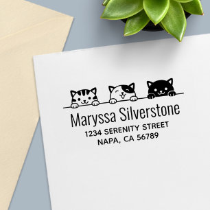 3 Cartoon Cats Peeking above Return Address Self-inking Stamp