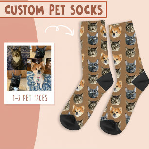 3 Cat And Dog Face Personalised on Brown Socks