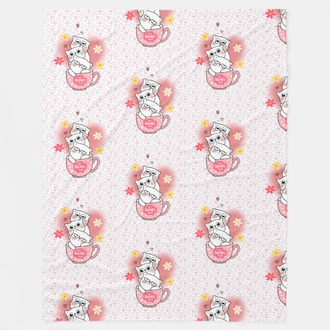 3 cats with  flowes and a mug fleece blanket (Front)