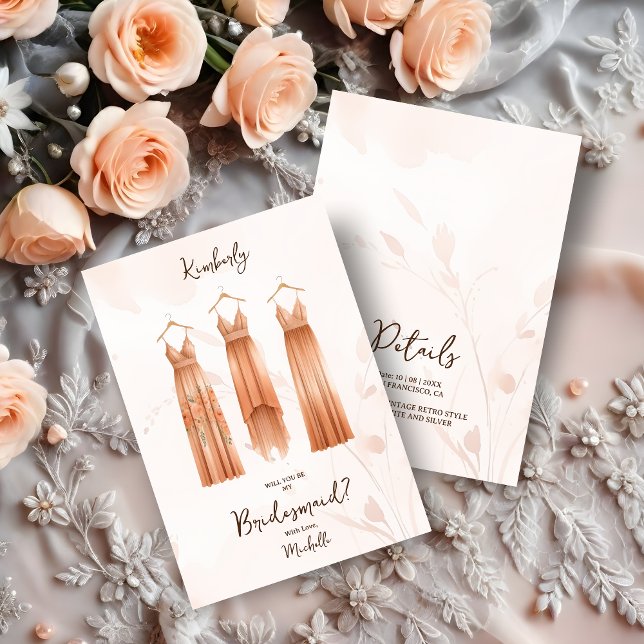 3 Chic Peach Bridesmaid Dresses Watercolor Ask (Glam 3 Chic Peach Tones Bridesmaid Dresses Watercolor Effect Proposal Card.)