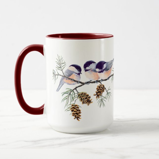 3 CHICKADEES & CONES by SHARON SHARPE Mug (Left)