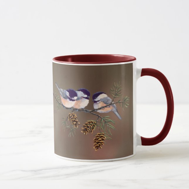 3 CHICKADEES & CONES by SHARON SHARPE Mug (Right)