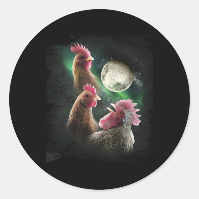 3 Chicken Moon Wolf Chickens Howling Wolves  Classic Round Sticker (Front)