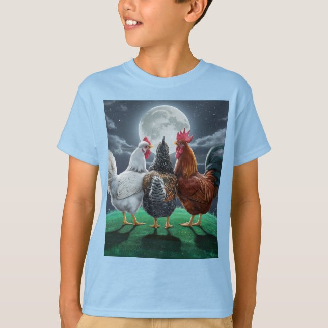 3 Chickens chilling out watching the moon  T-Shirt (Front)
