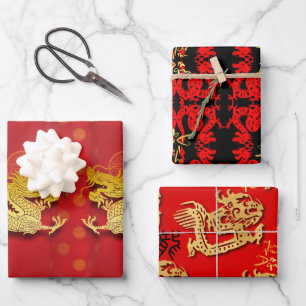 3 Chinese Dragon paper-cut Year WPFS Wrapping Paper Sheet