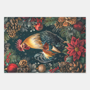 3 Christmas Roosters Decoupage Wrapping Paper Sheet