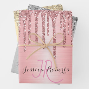 3 Colour Chic Monogram Girly Glitter Drips Wrapping Paper Sheet