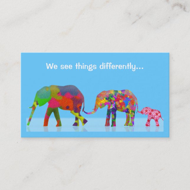 3 Colourful Elephants Walking Together Business Card (Front)