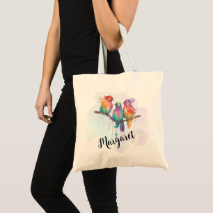 3 Colourful Love Birds Personalised Name Tote Bag