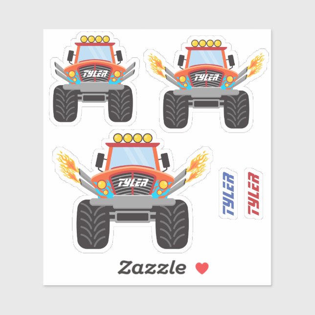3 Cool Red Monster Trucks, Flames, DIY Names (Sheet)