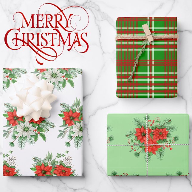3 Coordinates Christmas Poinsettia Red Plaid Wrapping Paper Sheet (Creator Uploaded)