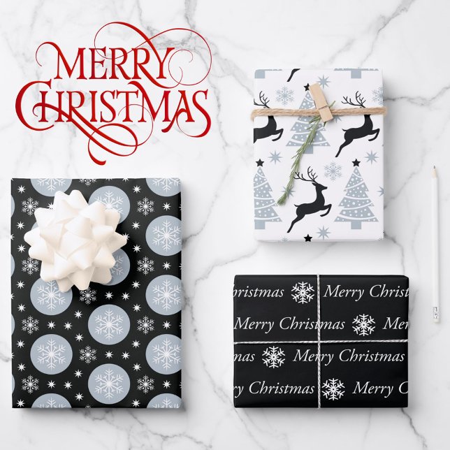 3 Coordinating Black White Christmas Snowflake Wrapping Paper Sheet (Creator Uploaded)