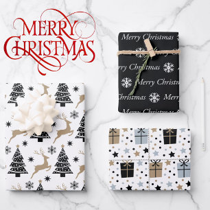 3 Coordinating Black White Reindeer Christmas Gift Wrapping Paper Sheet