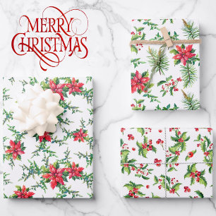3 Coordinating Red Poinsettia Christmas Flowers Wrapping Paper Sheet