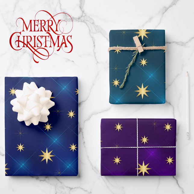 3 Coordinating Star Blue Purple Teal Holiday Wrapping Paper Sheet (Creator Uploaded)