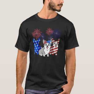 3 Corgi Dogs Wear Bow Firework American Flag T-Shirt