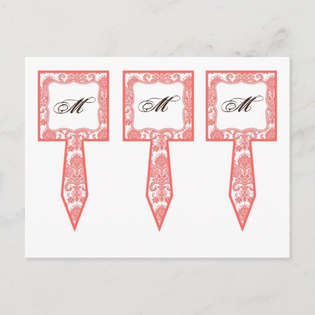3 Cup Cake Picks Coral Pin White Damask Lace Print Postcard (Front)