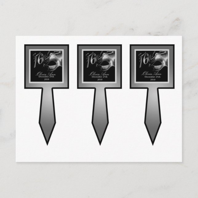 3 Cup Cake Picks Sweet 16 Silver Black Party Invitation Postcard (Front)