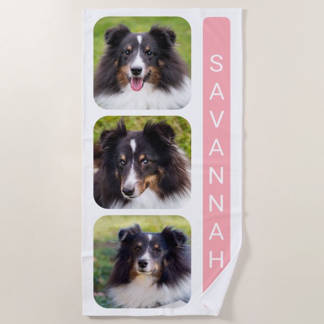 3 Custom Photos Collage Template With Name On Pink Beach Towel (Front)