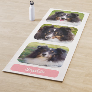 3 Custom Photos Collage Template With Name On Pink Yoga Mat