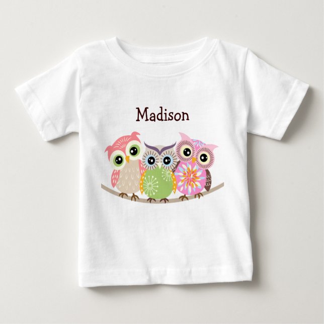 3 Cute and Colourful Owls Baby T Shirts (Front)