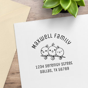 3 Cute Cartoon Birds Arched Family Address Rubber Stamp