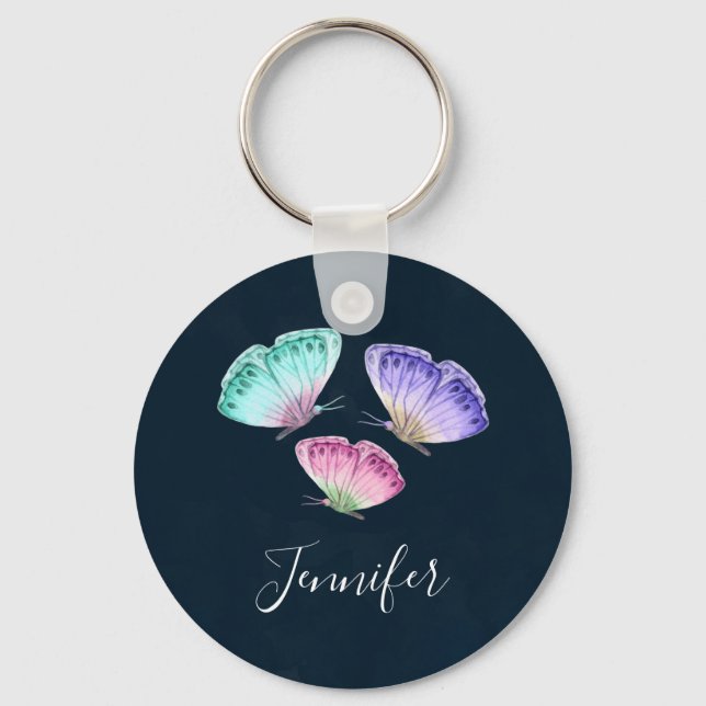 3 Cute Colourful Pastel Watercolor Butterflies Key Ring (Front)