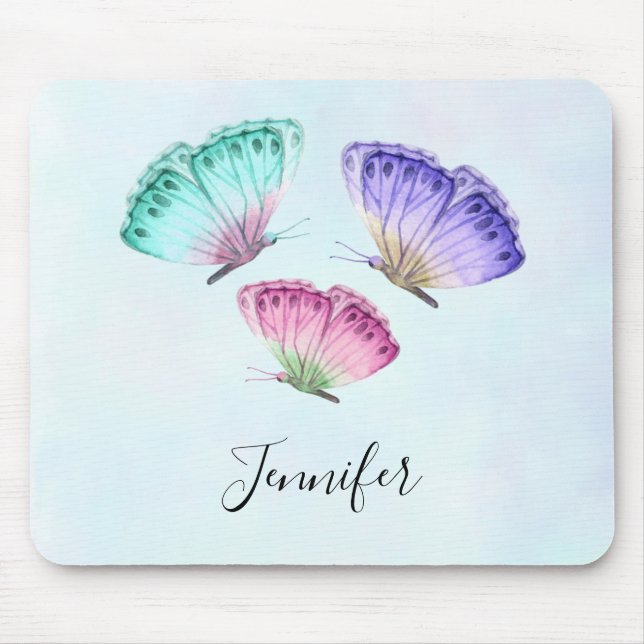 3 Cute Colourful Pastel Watercolor Butterflies Mouse Pad (Front)